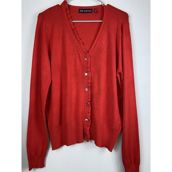 525 American Sz M Red Ruffle Trim Button Front LS Rayon Cardigan - Picture 1 of 9